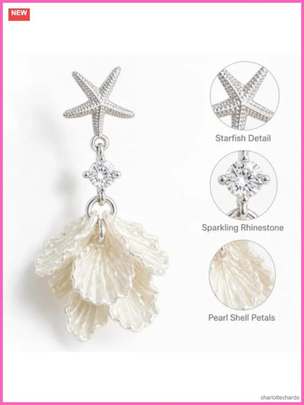 Starfish Shell Drop Earrings Pearl Dangle Silver Tone Ocean Statement